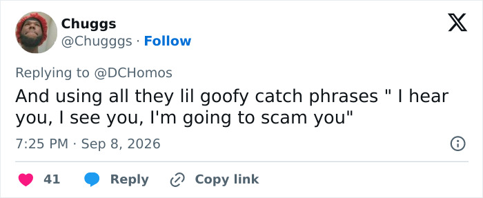 Screenshot of a tweet by Chugggs mentioning a cruise ticket scammer, discussing alleged catch phrases like 'I am going to scam you.' Screenshot of a tweet by Chugggs mentioning a cruise ticket scammer, discussing alleged catch phrases like 'I am going to scam you.'