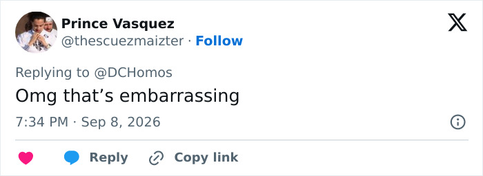 A social media post from Prince Vasquez stating that the alleged cruise ticket scammer pastor incident is embarrassing. A social media post from Prince Vasquez stating that the alleged cruise ticket scammer pastor incident is embarrassing.