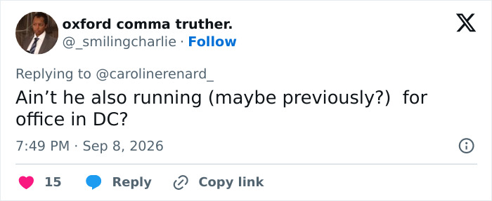 Screenshot of a Twitter comment asking if the alleged cruise ticket scammer is also running for office in DC. Screenshot of a Twitter comment asking if the alleged cruise ticket scammer is also running for office in DC.