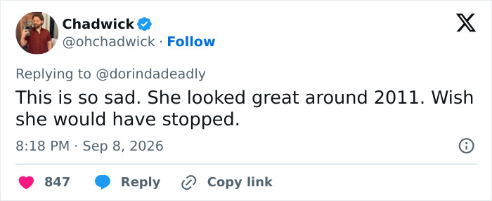 Twitter comment expressing sadness over Katie Price's latest appearance after corrective surgery. Twitter comment expressing sadness over Katie Price's latest appearance after corrective surgery.