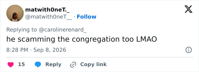 A social media post from matwithoneT_ suggesting the pastor is scamming the congregation too, regarding the cruise ticket scam. A social media post from matwithoneT_ suggesting the pastor is scamming the congregation too, regarding the cruise ticket scam.