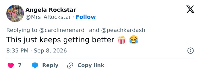 A tweet by Angela Rockstar with text saying, This just keeps getting better, referencing the alleged cruise ticket scammer. A tweet by Angela Rockstar with text saying, This just keeps getting better, referencing the alleged cruise ticket scammer.