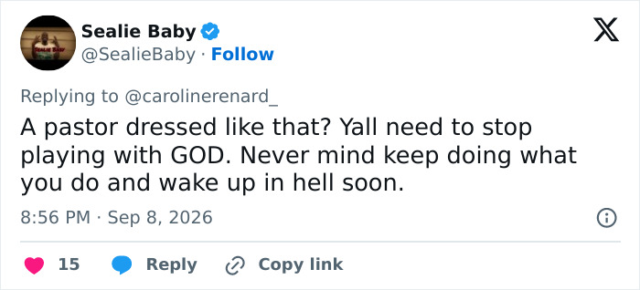 A social media post from Sealie Baby criticizing a pastor's attire in relation to the alleged cruise ticket scammer. A social media post from Sealie Baby criticizing a pastor's attire in relation to the alleged cruise ticket scammer.