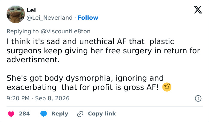 Screenshot of a tweet about Katie Price and her corrective surgery, expressing ethical concerns. Screenshot of a tweet about Katie Price and her corrective surgery, expressing ethical concerns.