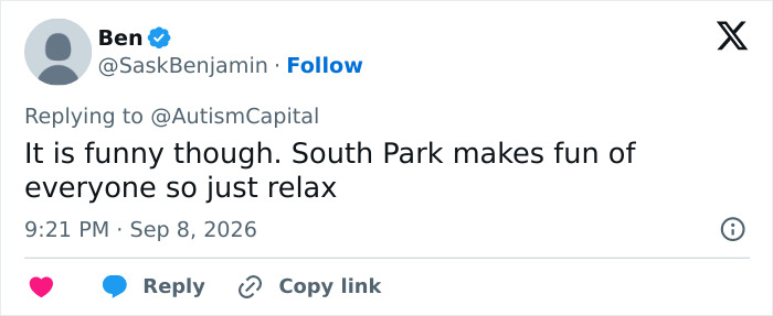 A social media post from Ben sharing fan fury and an urgent demand about South Park's Trump dig backfiring. A social media post from Ben sharing fan fury and an urgent demand about South Park's Trump dig backfiring.