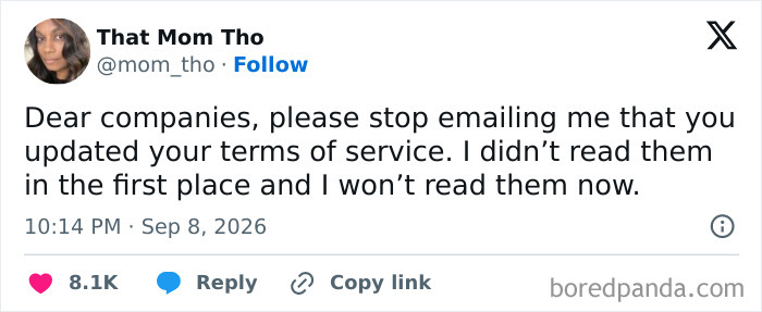 Funny tweets about ignoring terms of service updates