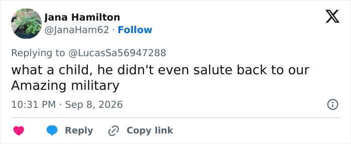 A social media post on Donald Trump's words to Marine One pilots, criticizing him for not saluting the military. A social media post on Donald Trump's words to Marine One pilots, criticizing him for not saluting the military.