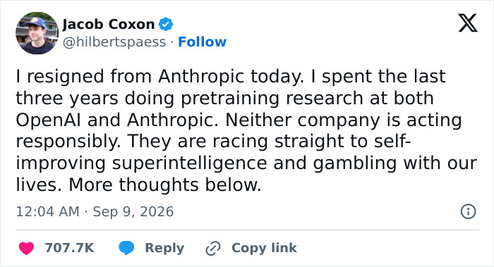 A social media post by Jacob Coxon about resigning from Anthropic due to AI concerns. A social media post by Jacob Coxon about resigning from Anthropic due to AI concerns.