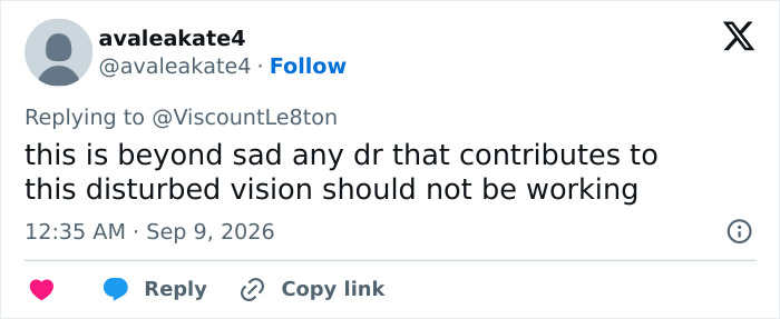 A social media comment expressing sadness over Katie Price's latest appearance after corrective surgery. A social media comment expressing sadness over Katie Price's latest appearance after corrective surgery.