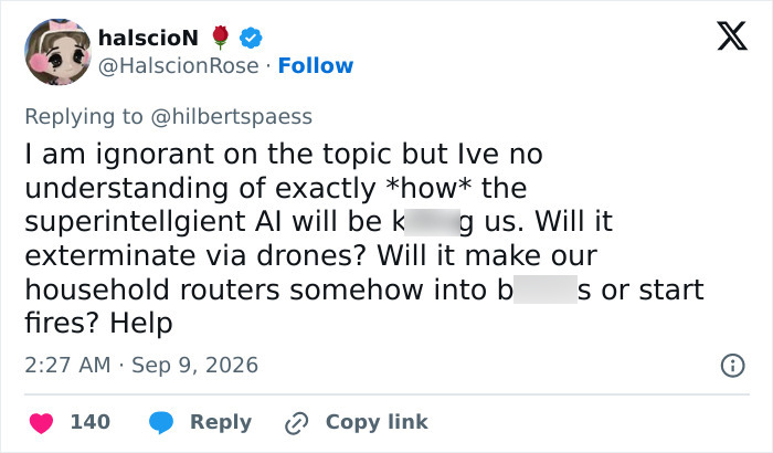 A tweet asks for clarification on how superintelligent AI could harm humans, referencing Stephen Hawking's AI warning. A tweet asks for clarification on how superintelligent AI could harm humans, referencing Stephen Hawking's AI warning.
