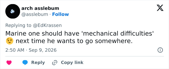 Screenshot of a social media comment about Marine One having mechanical difficulties, referencing Donald Trump's words. Screenshot of a social media comment about Marine One having mechanical difficulties, referencing Donald Trump's words.