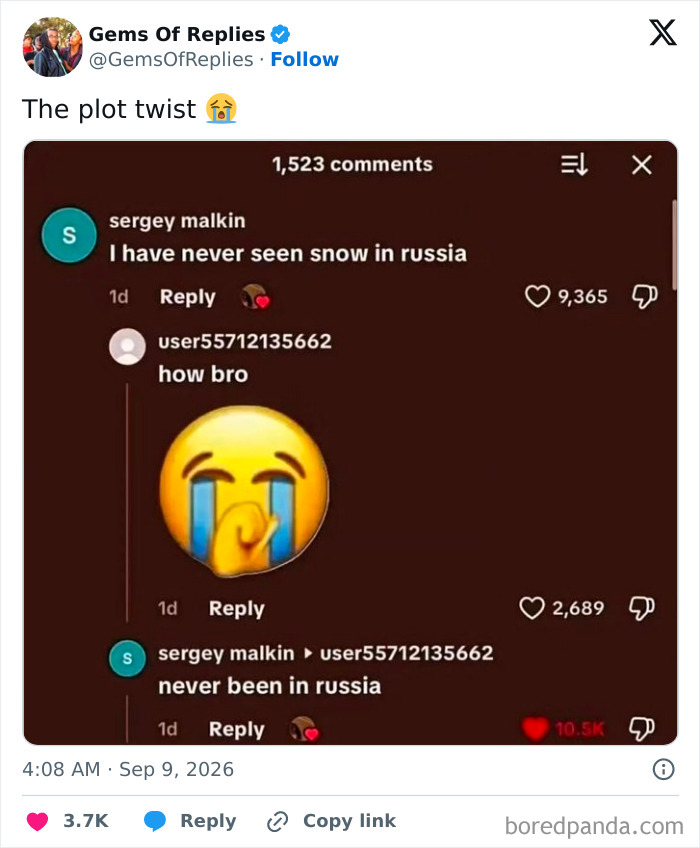 A social media post with a funny reply where someone says they've never seen snow in Russia, then clarifies they've never been to Russia.