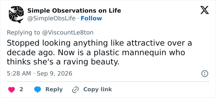 Screenshot of a tweet by Simple Observations on Life, commenting on Katie Price's appearance after corrective surgery. Screenshot of a tweet by Simple Observations on Life, commenting on Katie Price's appearance after corrective surgery.