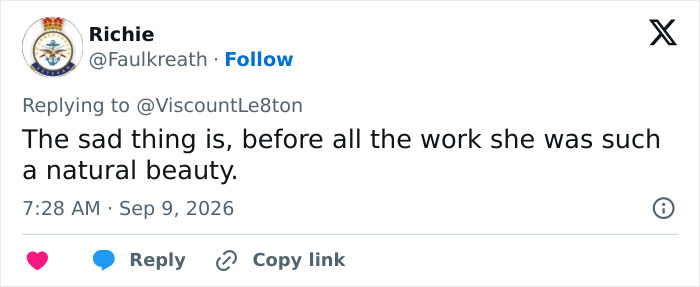 A social media comment stating Katie Price was a natural beauty before her corrective surgery. A social media comment stating Katie Price was a natural beauty before her corrective surgery.