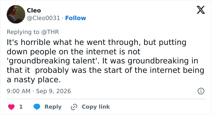 A social media comment discussing Perez Hilton's crisis, linking his internet actions to a 'nasty place' online. A social media comment discussing Perez Hilton's crisis, linking his internet actions to a 'nasty place' online.