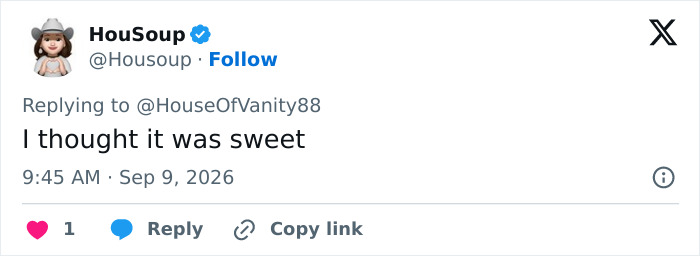 A social media comment from HouSoup saying, I thought it was sweet, offering a positive perspective on Nicola Peltz and Brooklyn Beckham's relationship. A social media comment from HouSoup saying, I thought it was sweet, offering a positive perspective on Nicola Peltz and Brooklyn Beckham's relationship.