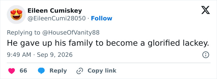 A social media comment from Eileen Cumiskey saying, He gave up his family to become a glorified lackey, discussing Nicola Peltz and Brooklyn Beckham's relationship. A social media comment from Eileen Cumiskey saying, He gave up his family to become a glorified lackey, discussing Nicola Peltz and Brooklyn Beckham's relationship.