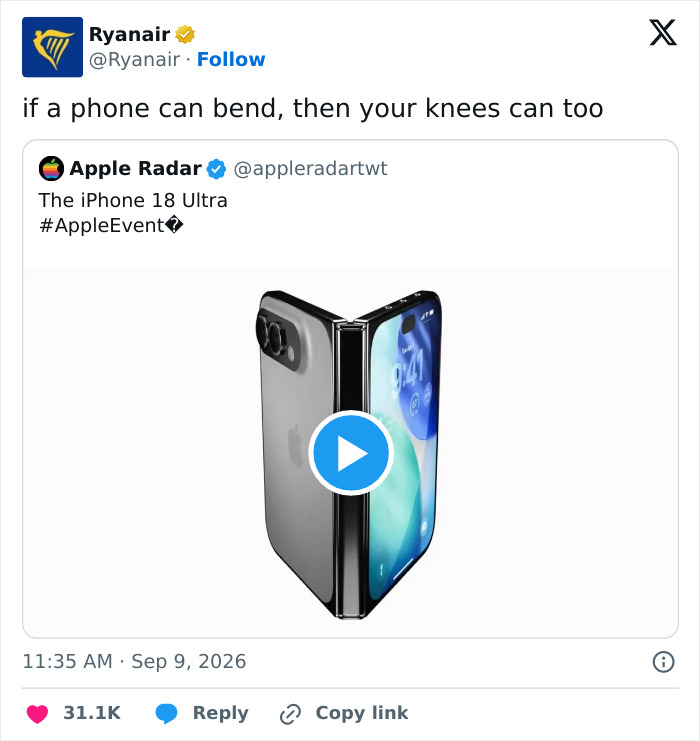 Ryanair tweet: If a phone can bend, then your knees can too, with a video of the foldable iPhone 18 Ultra.