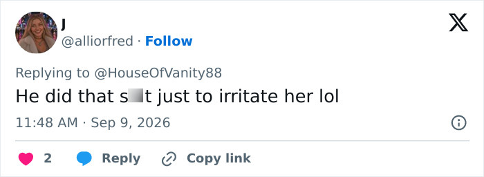 A social media comment from J saying, He did that s**t just to irritate her lol, about Nicola Peltz's reaction to Brooklyn Beckham's move. A social media comment from J saying, He did that s**t just to irritate her lol, about Nicola Peltz's reaction to Brooklyn Beckham's move.