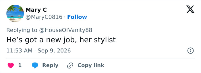A social media comment from Mary C saying, He's got a new job, her stylist, humorously commenting on Nicola Peltz and Brooklyn Beckham. A social media comment from Mary C saying, He's got a new job, her stylist, humorously commenting on Nicola Peltz and Brooklyn Beckham.