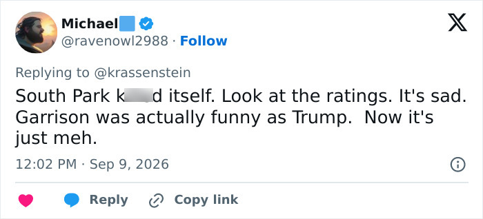 A social media tweet from 'Michael' criticizing South Park's Trump portrayal and fan reception. A social media tweet from 'Michael' criticizing South Park's Trump portrayal and fan reception.