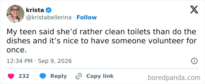 A tweet where parents vented about their teen volunteering to clean toilets instead of dishes