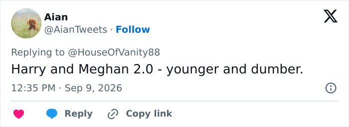 A tweet by Aian comparing Brooklyn Beckham and Nicola Peltz's relationship to Harry and Meghan 2.0. A tweet by Aian comparing Brooklyn Beckham and Nicola Peltz's relationship to Harry and Meghan 2.0.