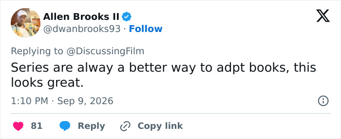 A social media post from 'Allen Brooks II' praising a Stephen King adaptation as a series, contrasting with fan fury. A social media post from 'Allen Brooks II' praising a Stephen King adaptation as a series, contrasting with fan fury.
