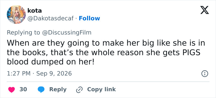 A tweet by kota questioning the depiction of the character getting pigs blood dumped on her, concerning a Stephen King adaptation. A tweet by kota questioning the depiction of the character getting pigs blood dumped on her, concerning a Stephen King adaptation.