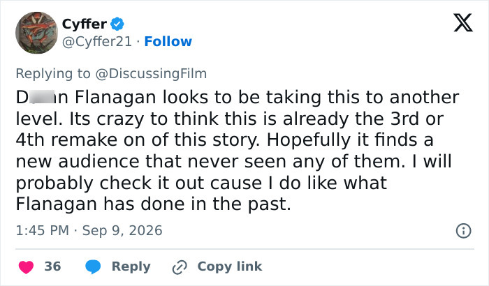 Cyffer, a verified Twitter user, comments on a Gen Z Stephen King adaptation, noting it is the 3rd or 4th remake. Cyffer, a verified Twitter user, comments on a Gen Z Stephen King adaptation, noting it is the 3rd or 4th remake.