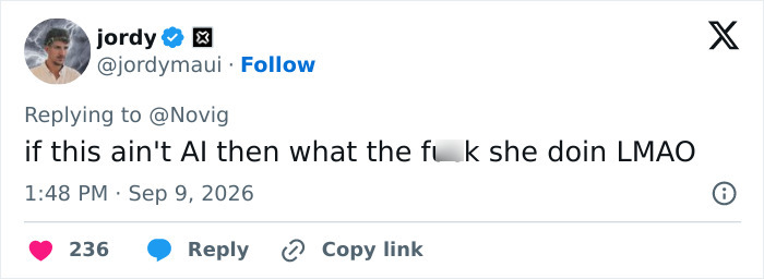 A social media post questioning Sydney Sweeney's racy betting ad campaign, implying AI. A social media post questioning Sydney Sweeney's racy betting ad campaign, implying AI.