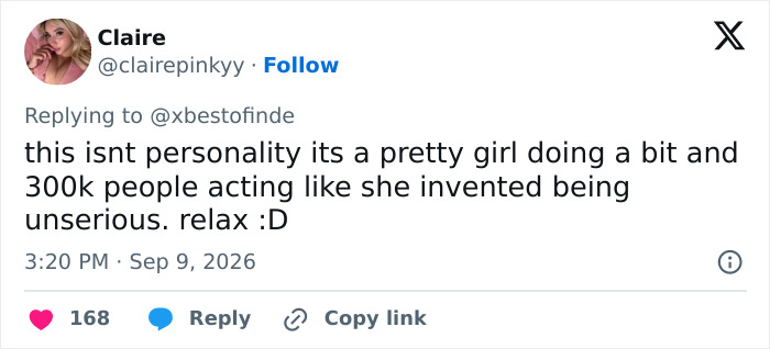 A social media user comments on a Hollywood rising star, claiming she is a pretty girl doing a bit and 300k people are acting like she invented being unserious, highlighting the harsh reality of fame. A social media user comments on a Hollywood rising star, claiming she is a pretty girl doing a bit and 300k people are acting like she invented being unserious, highlighting the harsh reality of fame.