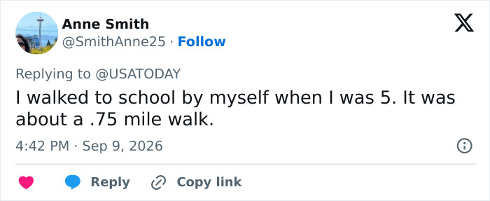Tweet by Anne Smith sharing her experience of walking to school at age 5, relating to the 5-year-old son's independence. Tweet by Anne Smith sharing her experience of walking to school at age 5, relating to the 5-year-old son's independence.