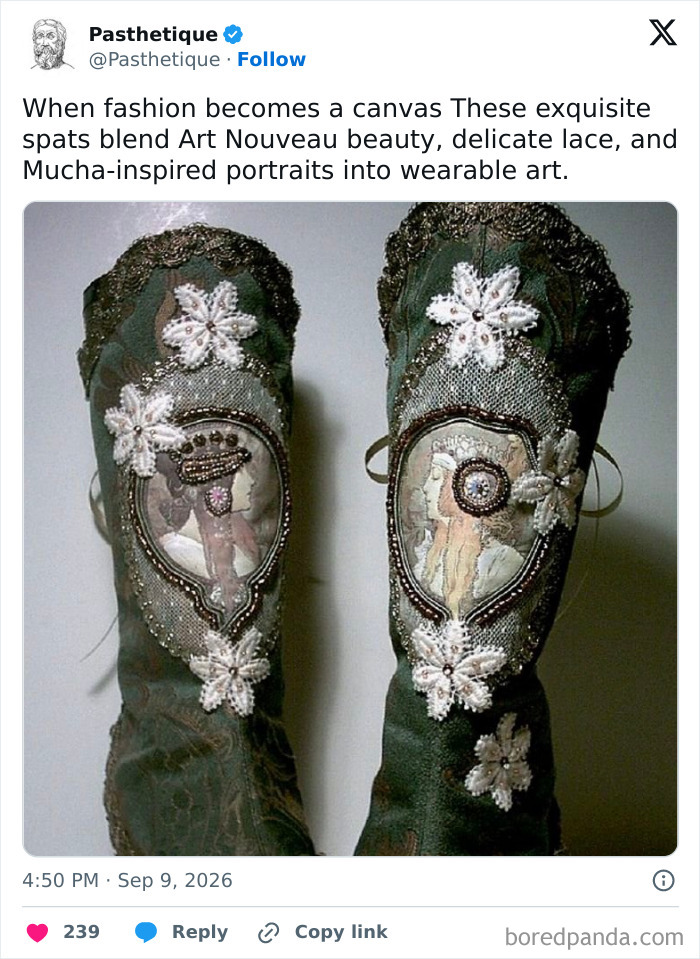 Embellished green boots with Mucha-inspired portraits, featuring Art Nouveau aesthetic art.