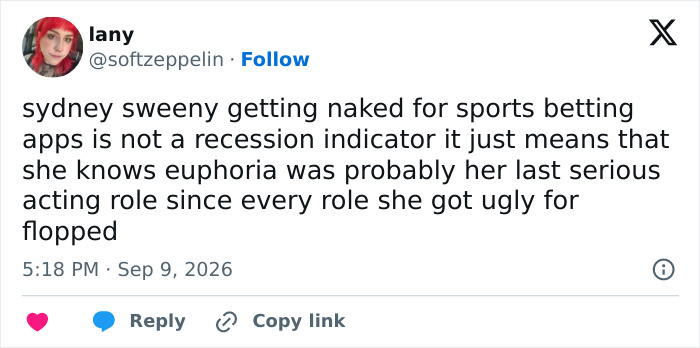 Screenshot of a tweet about Sydney Sweeney in scandalous ads, mentioning her lingerie brand struggles. Screenshot of a tweet about Sydney Sweeney in scandalous ads, mentioning her lingerie brand struggles.
