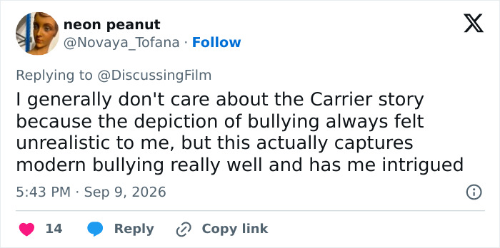 A social media post from 'neon peanut' commenting on the modern bullying depiction in a Stephen King adaptation, amidst fan fury. A social media post from 'neon peanut' commenting on the modern bullying depiction in a Stephen King adaptation, amidst fan fury.