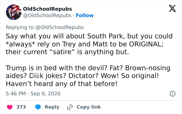 Fans are furious and make an urgent demand for South Park to be original, as their Trump dig backfires. Fans are furious and make an urgent demand for South Park to be original, as their Trump dig backfires.