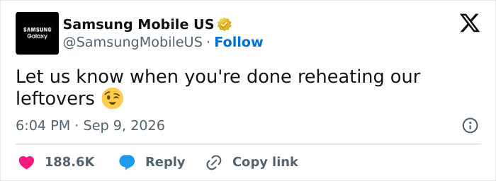 Samsung Mobile US tweet: Let us know when you're done reheating our leftovers with a winking emoji, mocking the foldable iPhone.