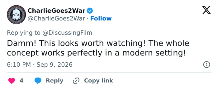 A Twitter user, CharlieGoes2War, shares positive feedback about a Gen Z Stephen King adaptation, calling the concept perfect. A Twitter user, CharlieGoes2War, shares positive feedback about a Gen Z Stephen King adaptation, calling the concept perfect.