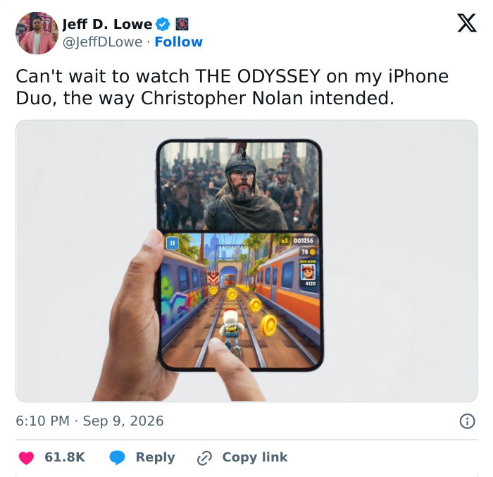 Savage reaction to Apple's Foldable iPhone: Man holding a large iPhone Duo to watch movies and play games.