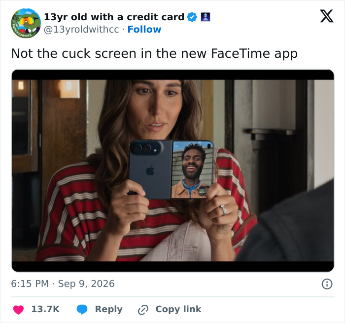 A woman holding a foldable iPhone for a video call. The screen is split, showing her on one side and a man on the other.