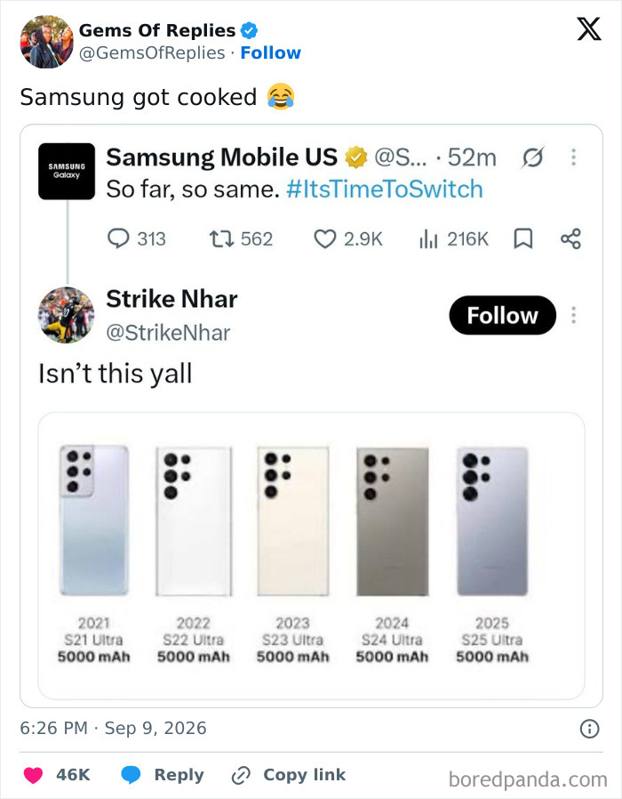 A social media post with a funny reply to Samsung Mobile showing a progression of their phones, implying little change.