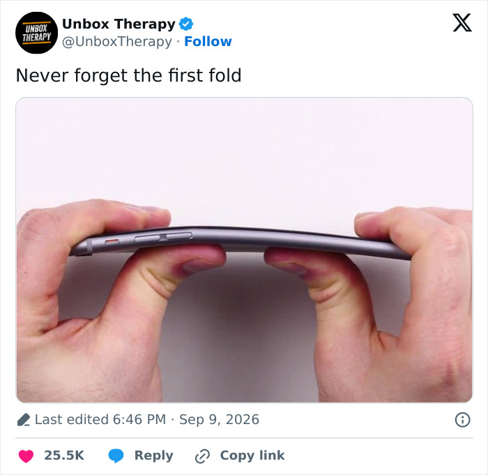 Unbox Therapy tweet: Never forget the first fold, with an image of hands bending an iPhone, reacting to the foldable iPhone.