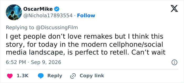 A screenshot of a social media post showing a fan review of the Gen Z Stephen King adaptation saying, I get people dont love remakes but I think this story, for today in the modern cellphone/social media landscape, is perfect to retell. Cant wait A screenshot of a social media post showing a fan review of the Gen Z Stephen King adaptation saying, I get people dont love remakes but I think this story, for today in the modern cellphone/social media landscape, is perfect to retell. Cant wait