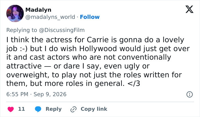 A social media post from 'Madalyn' discussing casting in a Stephen King adaptation, sparking fan fury. A social media post from 'Madalyn' discussing casting in a Stephen King adaptation, sparking fan fury.