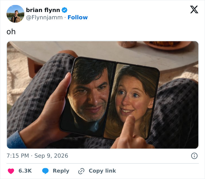 Brian Flynn tweet: Oh, with an image of a person holding a foldable iPhone displaying two faces, reacting to foldable iPhone.