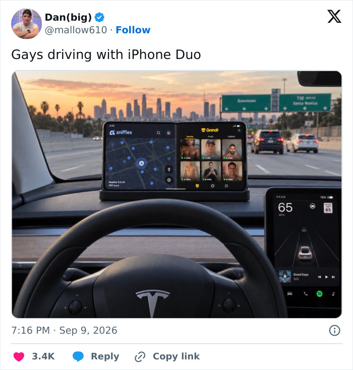 A car interior showing a foldable iPhone displaying a map on one screen and multiple male profiles on the other, for the iPhone Duo.