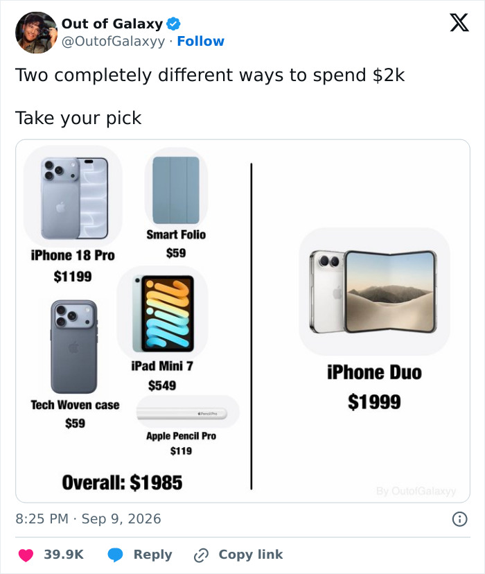 A comparison image showing the price of an iPhone 18 Pro and accessories versus a single foldable iPhone Duo.
