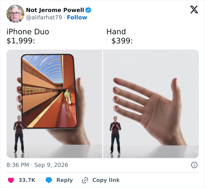 A humorous comparison showing a tiny person holding a large foldable iPhone and another tiny person beside a giant hand, highlighting foldable iPhone humor.