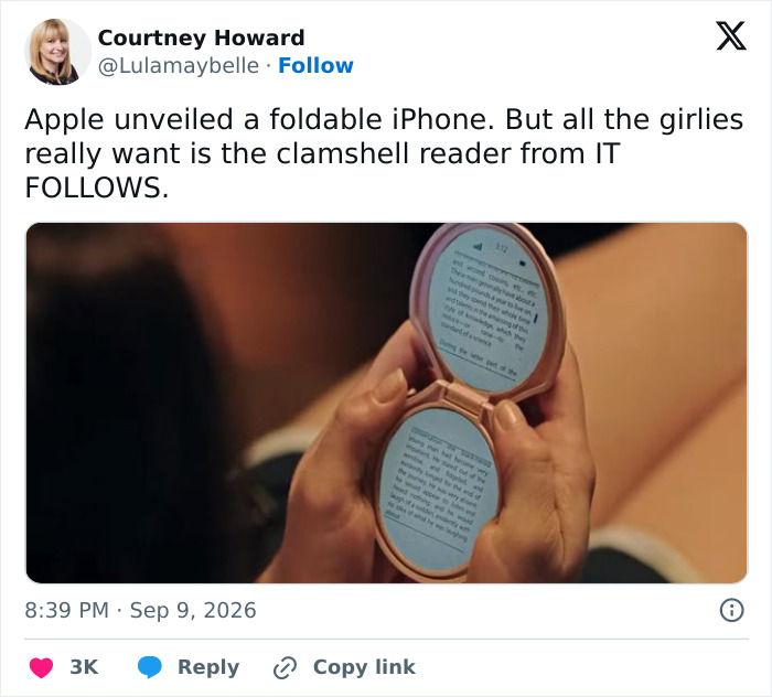 Hands holding a rose gold foldable device open, displaying text on both screens, resembling a foldable iPhone.